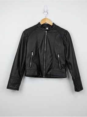 GUESS Los Angeles Girls Black Faux Leather Moto Biker Jacket Size 14 Excellent